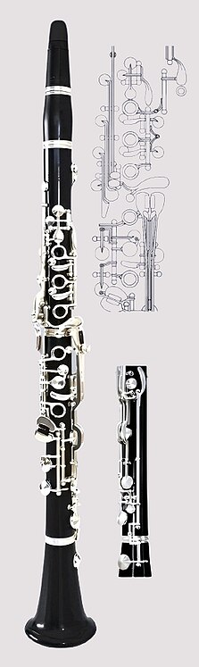 Clarinetto tedesco 1905 (Oehler), con 22 chiavi, 5 anelli e un coperchio, con meccanismo a campana per rinforzare mi e fa bassi