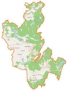 Mapa konturowa gminy Parchowo, blisko centrum na prawo znajduje się punkt z opisem „Parchowski Młyn”