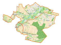 Mapa konturowa gminy Wólka, blisko centrum na lewo u góry znajduje się punkt z opisem „Łysaków”