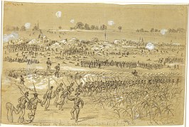 Tekening van de explosie op zaterdag 30 juli 1864 door Alfred R. Waud.