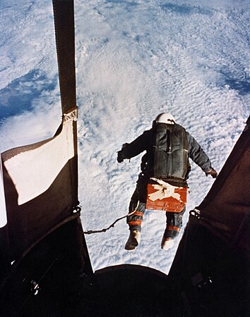 An automatic camera captures Capt. (later Col.) Joseph Kittinger just as he stepped from the balloon-supported Excelsior gondola on August 16, 1960, at an altitude of 102,800 feet (31,300 m).