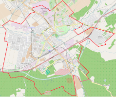 Mapa konturowa Lęborka, w centrum znajduje się punkt z opisem „Lębork”