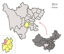 Location of Emeishan City (red) in Leshan City (yellow) and Sichuan