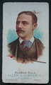 1888 cigarette card featuring American carom billiards world champion Maurice Daly. The 1.5 by 2.75 inch lithographed card was part of a nine-card billiards set, from a larger series of sports cards, "The World's Champions", that were included in packs of cigarettes produced by Allen & Ginter's Tobacco Company, of Richmond Virginia.