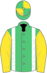 Emerald green, white braces, yellow sleeves, emGreen and yellow quartered cap