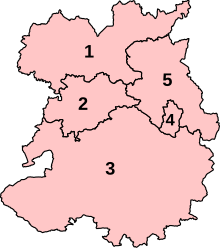 Numbered map of the parliamentary constituencies of Shropshire created by the 2023 boundary review and first used at the 2024 UK general election.