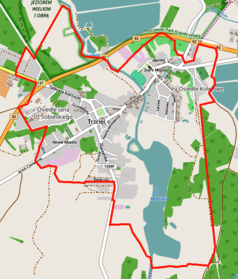 Mapa konturowa Trzciela, blisko centrum na lewo znajduje się punkt z opisem „Cmentarz żydowski w Trzcielu”