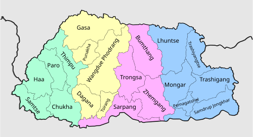 A map of Bhutan showing the four dzongdeys.