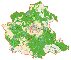 Mapa konturowa gminy Międzyrzecz, blisko centrum na lewo znajduje się punkt z opisem „Wojciechówek”