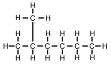 Bütün karbonları örtülü olarak ve bütün hidrojenleri açık olarak yerleştirilmiş bir 2-metilhekzanın iskelet formülü