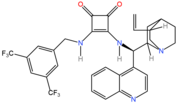 The first squaramide catalyst developed. It functions as a bifunctional catalyst.[3]Some later catalysts are based on such a structure by removing the methylene group on the left to make a 3,5-bis(trifluoromethyl)phenyl-group or adding a 6-methoxy group on the quinoline.[1]