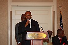 Governor Godswill Akpabio delivers key policy speech declaring a free universal education system to all citizens of Akwa Ibom State from primary to secondary school level, during the 2008 AKISAN National Convention in [[Alexandria, VA}]].