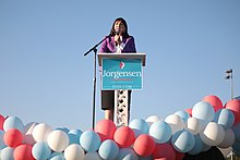 Jo Jorgensen addressing a group of supporters