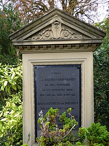 Johann Jacob Bischoff-Burckhardt (1841–1892) Chirurg und Gynäkologe, J.J. Alfred Bischoff-Velthaus (1869–1914) Mediziner, Joachim Ernst-Bischoff (1902–1971), Familiengrab: Bischoff-Burckhardt-de Seigneux-Velthaus-Ernst, auf dem Wolfgottesacker, Basel