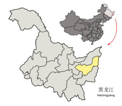Location of Shuangyashan City (yellow) in Heilongjiang (light grey) and China