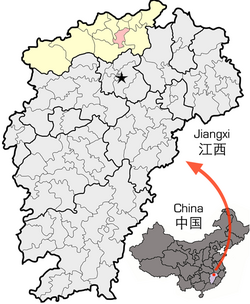 Location of Lushan City (red) within Jiujiang City (yellow) and Jiangxi