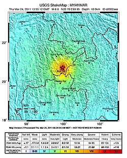 A United States Geological Survey (USGS) intenzitási térképe a földrengésről