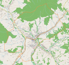 Mapa konturowa Mszany Dolnej, blisko centrum na dole znajduje się punkt z opisem „Mszana Dolna”