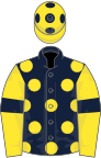 Dark blue, yellow spots, yellow sleeves, dark blue armlets, yellow cap, dark blue spots