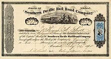 Aktie der Southern Pacific Railroad Company über 1.000 Anteile zu je 100 $, ausgegeben in Marshall, Texas am 16. Februar 1872, eingetragen auf ihren Präsidenten Thomas A. Scott