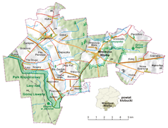 Mapa konturowa gminy Wręczyca Wielka, u góry po lewej znajduje się punkt z opisem „Truskolasy”