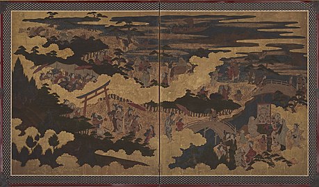A festival at the Sumiyoshi Shrine. Color and gold on paper. Edo period, early 17th century