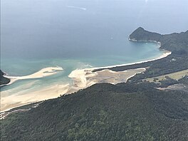 Aerial view of a sandy inlet reaching the ocean surrounded by forest