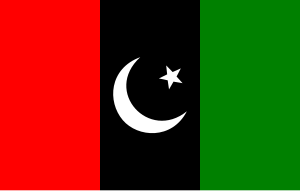 a red, black, and green tricolour with a crescent moon and star in the middle stripe.