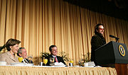 President George W. Bush, Laura Bush, and Sen. Mark Pryor (D-Ark.) break out in laughter as Bono speaks during the National Prayer Breakfast at the Washington Hilton, 2006.