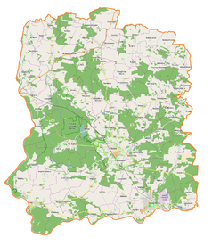 Mapa konturowa powiatu wołowskiego, na dole po prawej znajduje się punkt z opisem „Jodłowice”