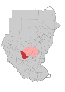 De ligging van het district Abyei in de Soedanese staat Zuid-Kordofan.