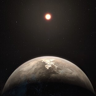 Künstlerische Darstellung des Planeten Ross 128 b und des Sterns, den er umkreist