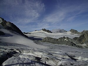 Blick über den Gletscher nach Westen auf ca. 3000 Metern Höhe (2008)