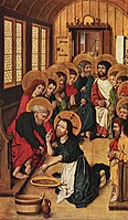 Christ Washing the Feet of the Apostles by Meister des Hausbuches, 1475; only Judas (near right) lacks a halo.