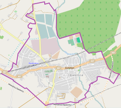 Mapa konturowa Opalenicy, po lewej nieco na dole znajduje się punkt z opisem „Opalenica”