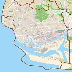 Mapa konturowa Hawru, w centrum znajduje się punkt z opisem „Gare de Le Havre”