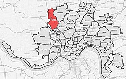 Mount Airy (red) within Cincinnati, Ohio