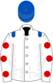 white, royal blue epaulets, white sleeves, red spots, royal blue cap