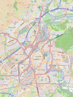 Mapa konturowa Lubeki, blisko centrum na dole znajduje się punkt z opisem „Katedra w Lubece”