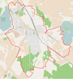 Mapa konturowa Prabut, blisko centrum na lewo u góry znajduje się punkt z opisem „Parafia św. Wojciecha”