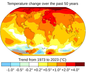 World map of temperature distribution shows the northern hemisphere was warmer than the southern hemisphere during the periods compared.