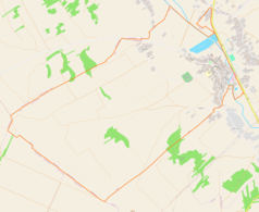 Mapa konturowa Goraja, u góry po prawej znajduje się punkt z opisem „Parafia Świętego Bartłomieja Apostoła”