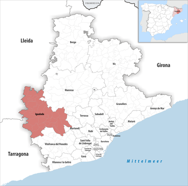 Die Lage des Gerichtsbezirk Igualada in der Provinz Barcelona