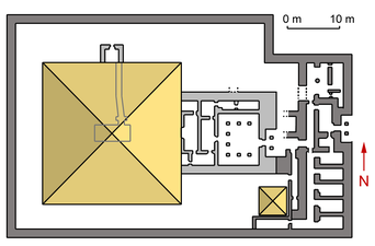 Plan van het piramidecomplex van Chentkaoes II en de tempel Lichtgrijs: eerste bouwfase Donkergrijs: tweede bouwfase