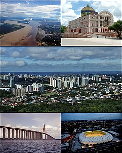 Manaus center, From top left: Amazonas Theater, Top right: View of Manaus from Cidade Nova, Middleof left: Manaus Iranduba Bridge and Rio Negro, Middle right: A sightseeing boats in Meeting of Water, 3rd left: Sunset in Rio Negro's resort site, 3rd right: San Sebastian Cathedral in Manaus, Bottom: View of Nossa Senhora das Gracas area