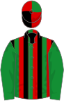 Red, black and green stripes, green sleeves, red, black and green segmented cap