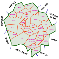 A map of Friol and its parroquias.