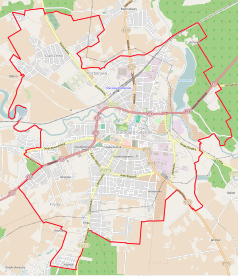 Mapa konturowa Starogardu Gdańskiego, blisko centrum u góry znajduje się punkt z opisem „Starogard Gdański”