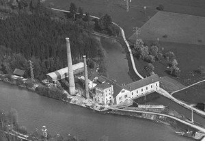 Kraftwerk Rathausen mit Reuss und Reusskanal, um 1920