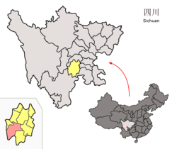 Location of the county (red) in Leshan City (yellow) and Sichuan province